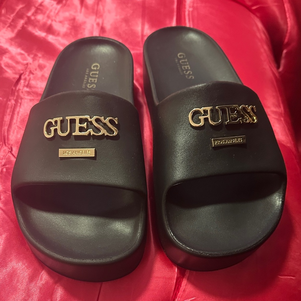 Guess Black Slides with Gold Accents